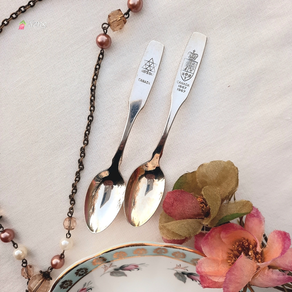 🍁 CANADA 100 CENTENIAL Pair of Commemerative Silver Teaspoons